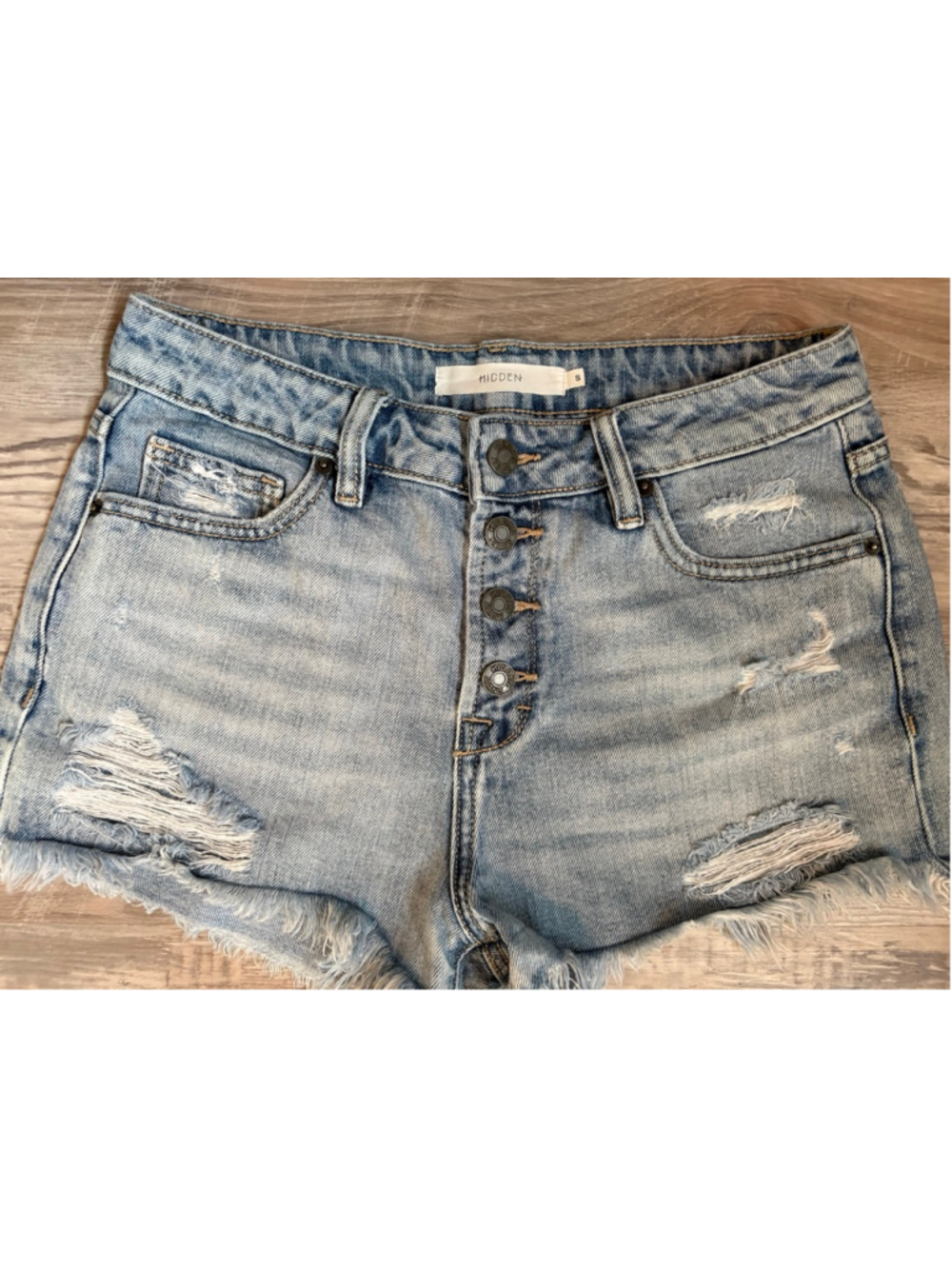 Hidden Jeans Distressed High Rise Denim Shorts Button Fly Light Wash S - Picture 3 of 12
